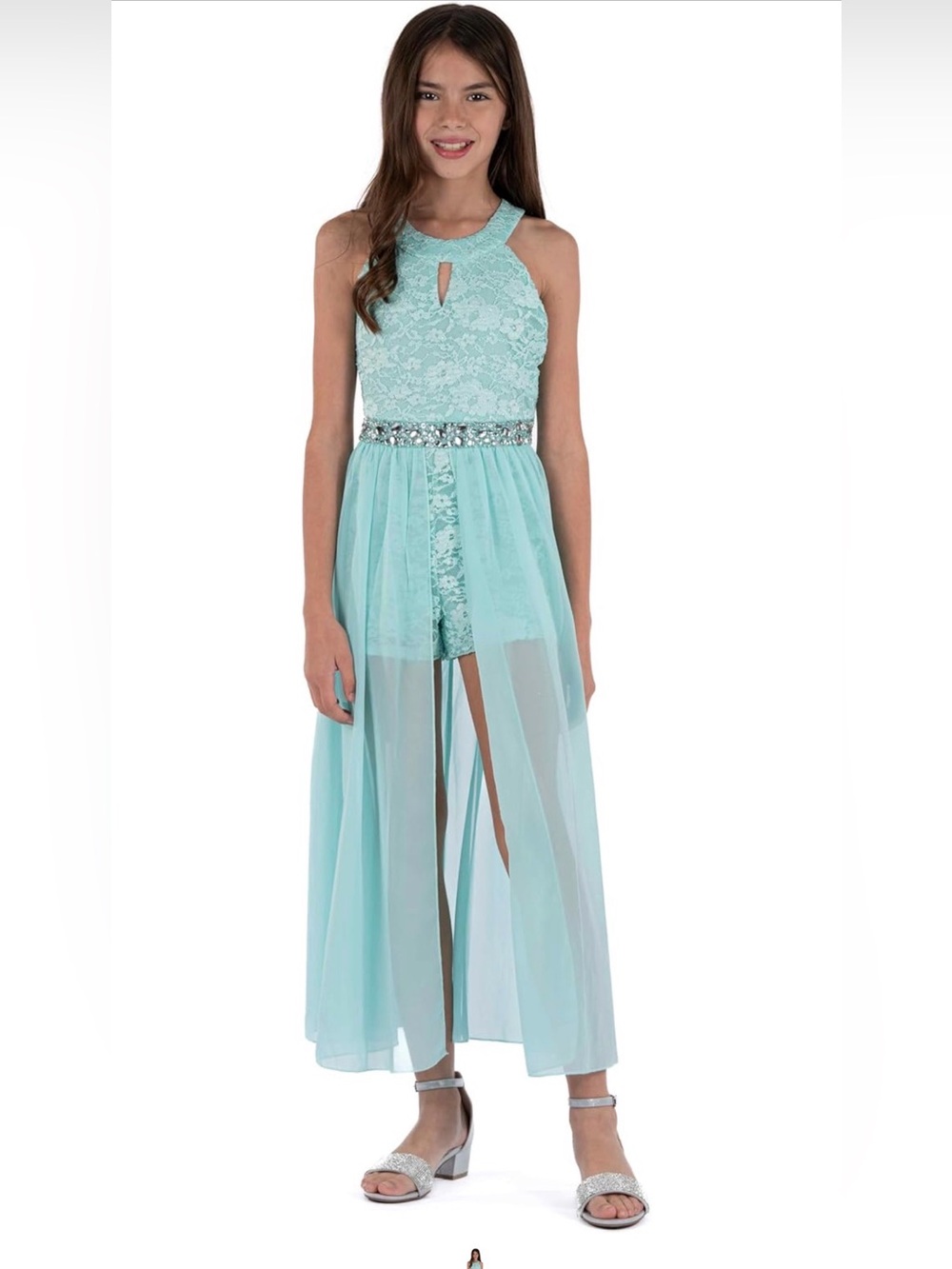 Speechless Aqua Lace Halter Jumpsuit with Sheer Overlay